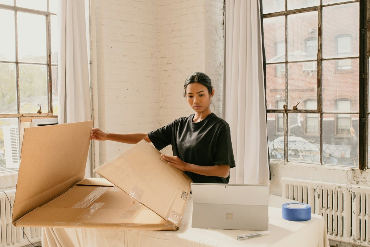 A founder assembling a shipping carton in a bright studio